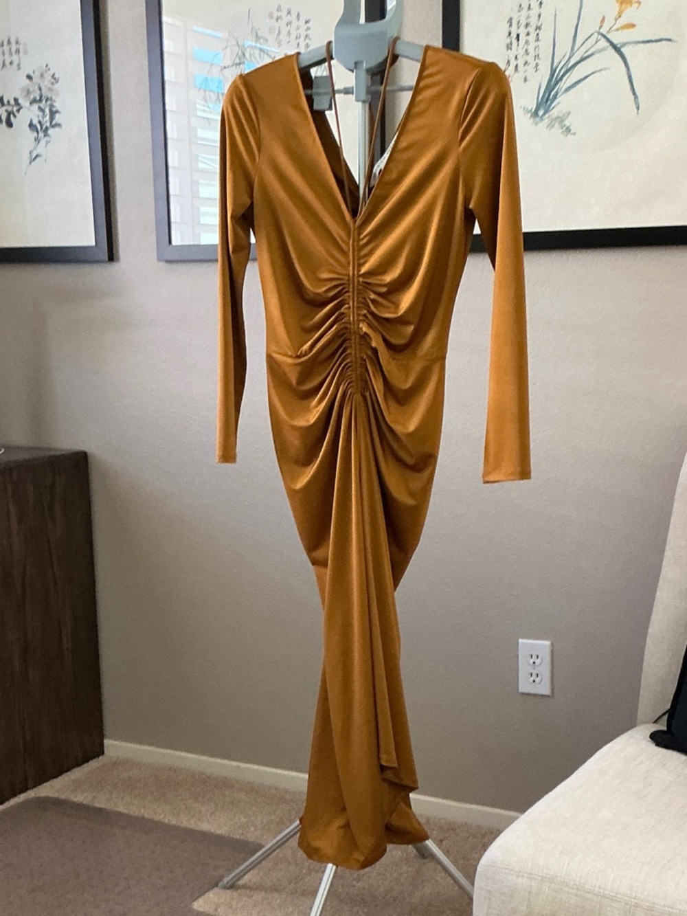 Veronica Beard Long-Sleeve Ruched Maxi Dress in Mustard